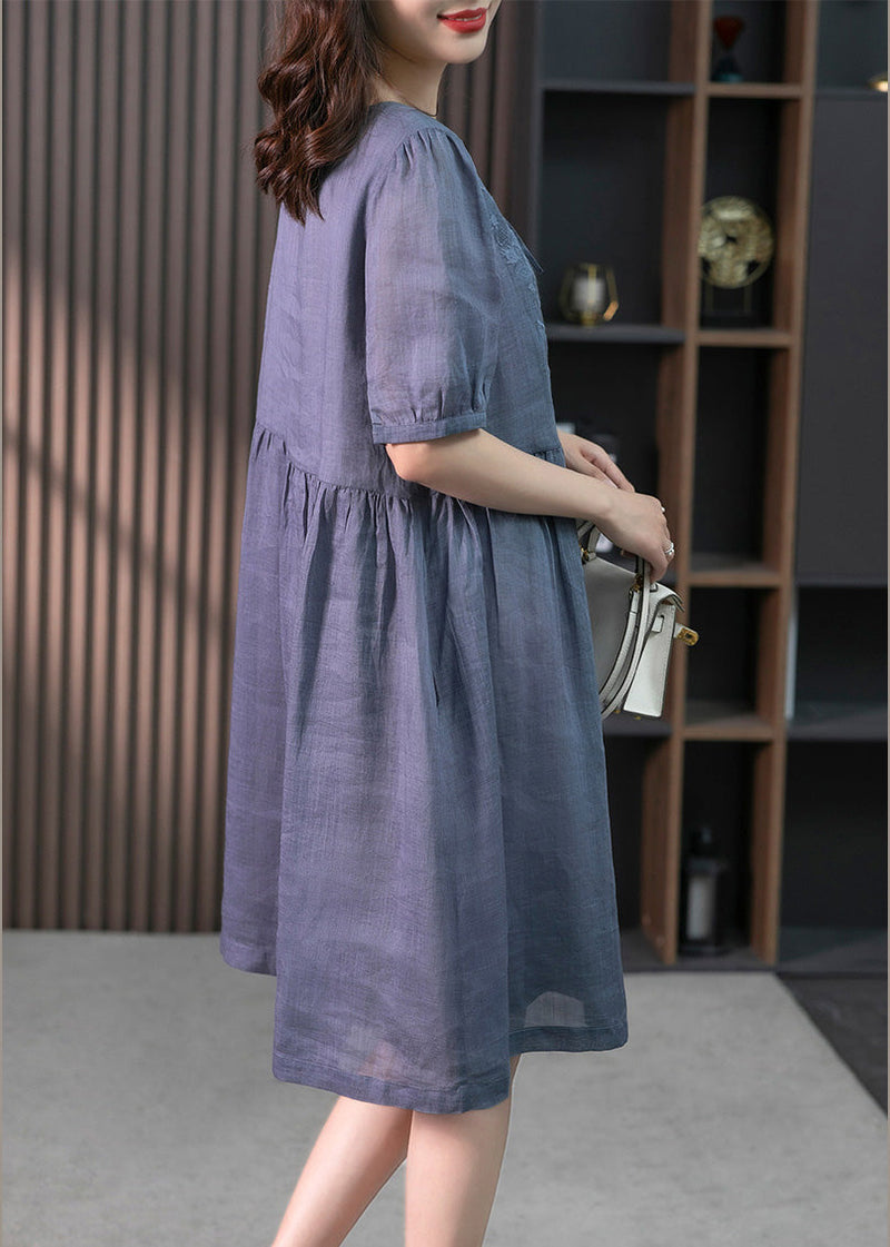 Blue Patchwork Neck Tie Linen Maxi Dresses Short Sleeve Ly1754
