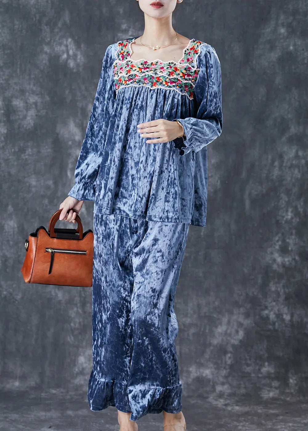 Silk Velour Two-piece Set Embroidered Fall