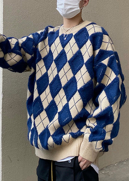 Blue Plaid Loose Knit Sweaters O Neck Fal Qh025