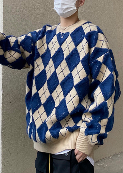 Blue Plaid Loose Knit Sweaters O Neck Fal Qh025