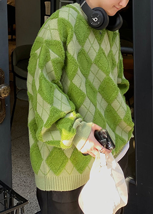 Blue Plaid Loose Knit Sweaters O Neck Fal Qh025