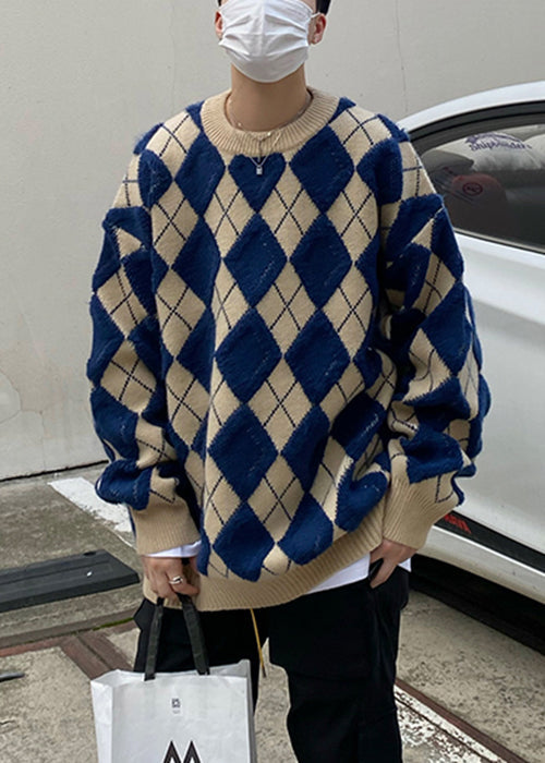 Blue Plaid Loose Knit Sweaters O Neck Fal Qh025