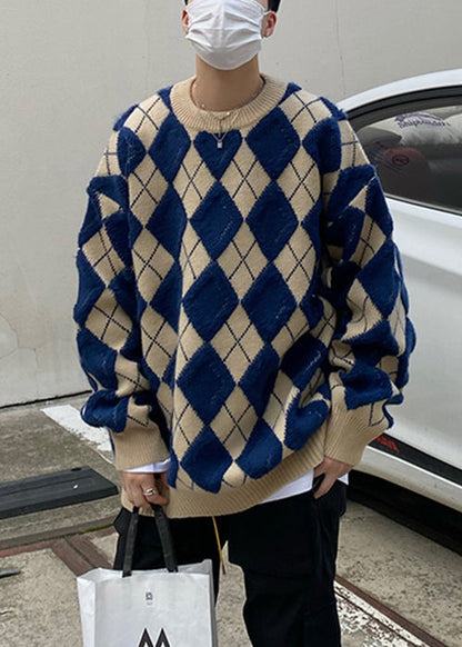 Blue Plaid Loose Knit Sweaters O Neck Fal Qh025