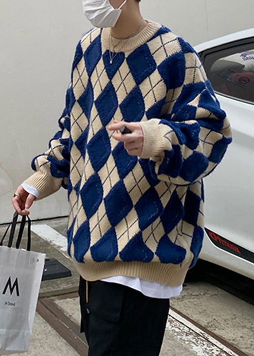 Blue Plaid Loose Knit Sweaters O Neck Fal Qh025