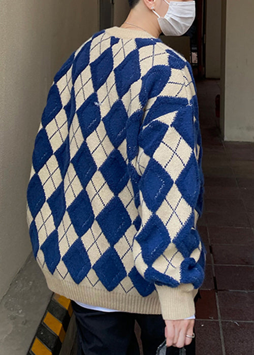 Blue Plaid Loose Knit Sweaters O Neck Fal Qh025