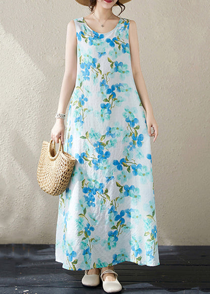 Blue Pockets Cotton Long Dresses O Neck Summer Jh038