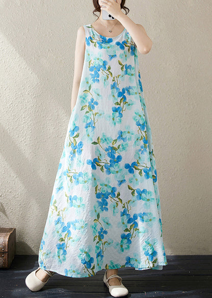 Blue Pockets Cotton Long Dresses O Neck Summer Jh038
