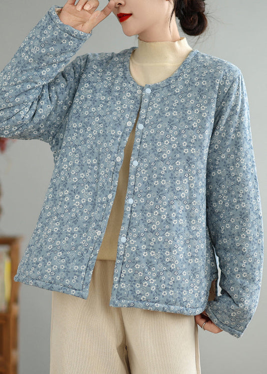 Blue Print Button Cotton Filled Winter Coat O Neck Qg032