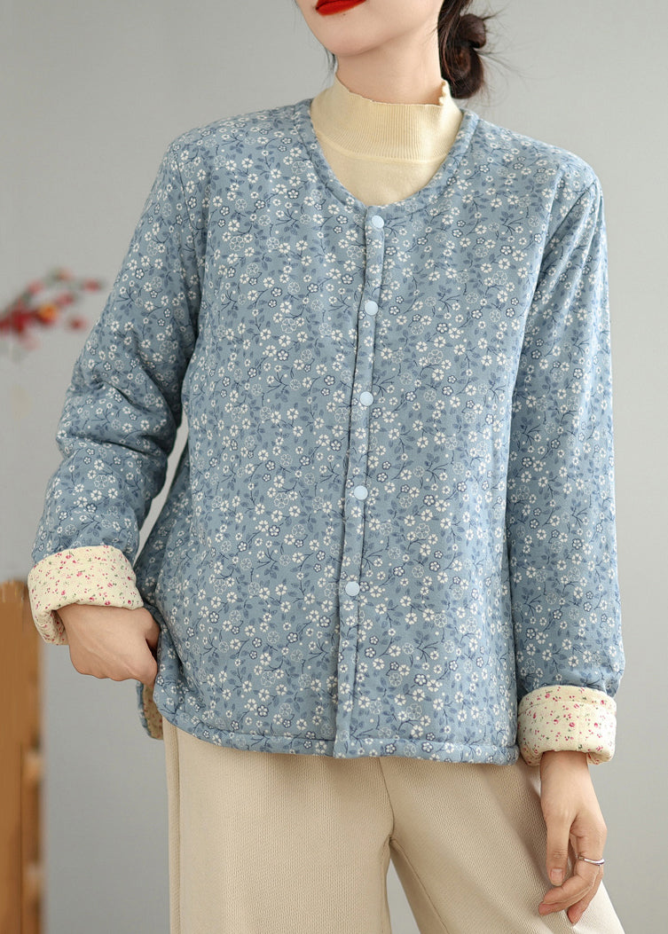 Blue Print Button Cotton Filled Winter Coat O Neck Qg032