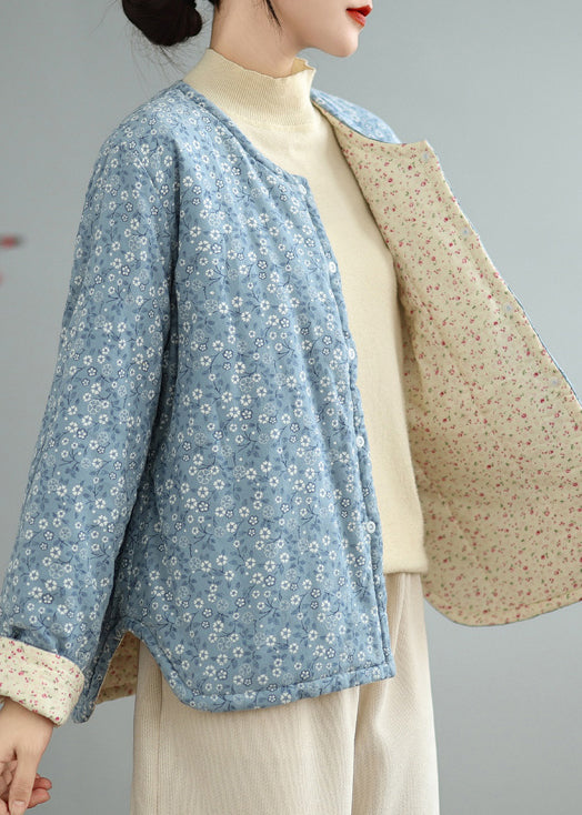 Blue Print Button Cotton Filled Winter Coat O Neck Qg032