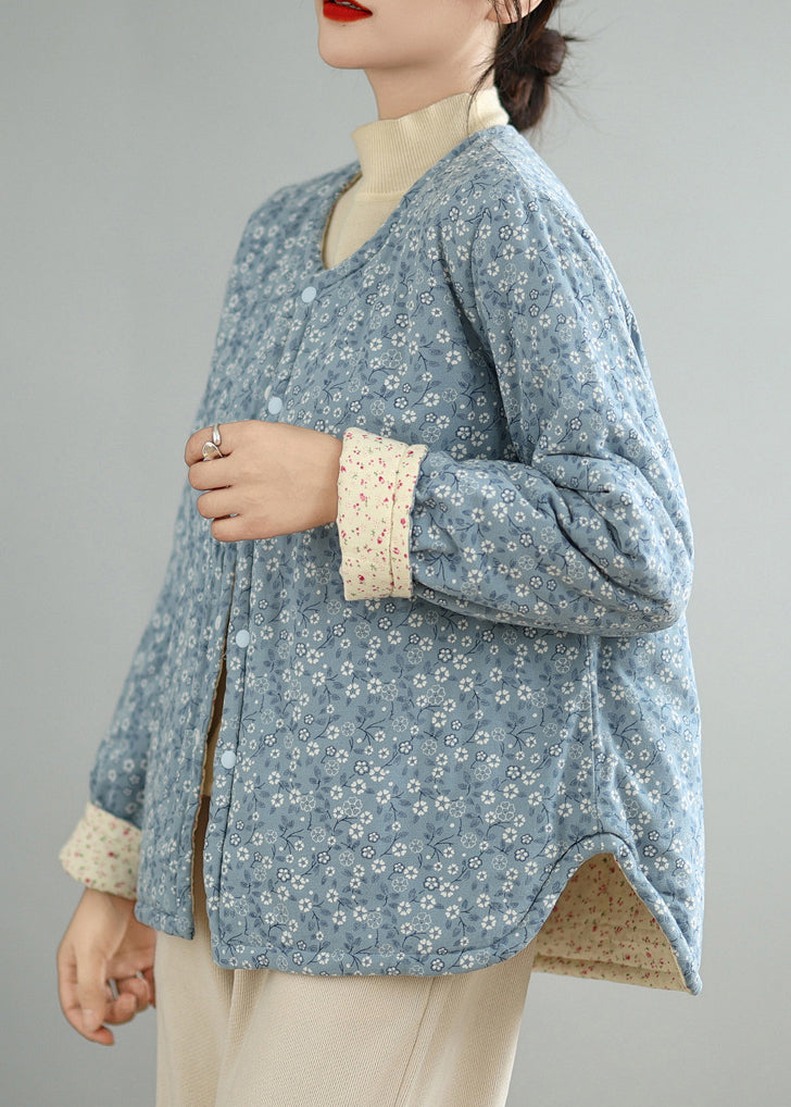 Blue Print Button Cotton Filled Winter Coat O Neck Qg032