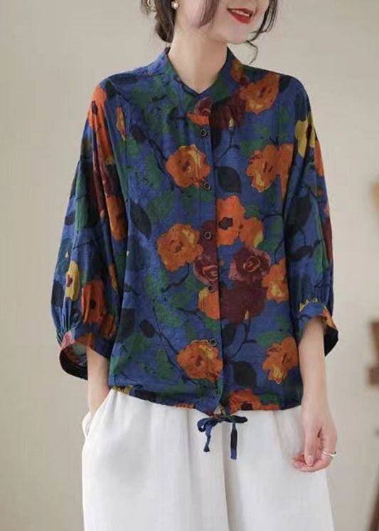 Blue Print Cotton Blouses Stand Collar Button Long Sleeve Ap051