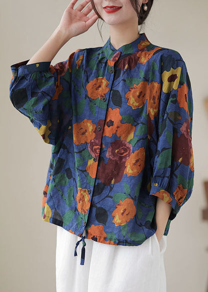 Blue Print Cotton Blouses Stand Collar Button Long Sleeve Ap051
