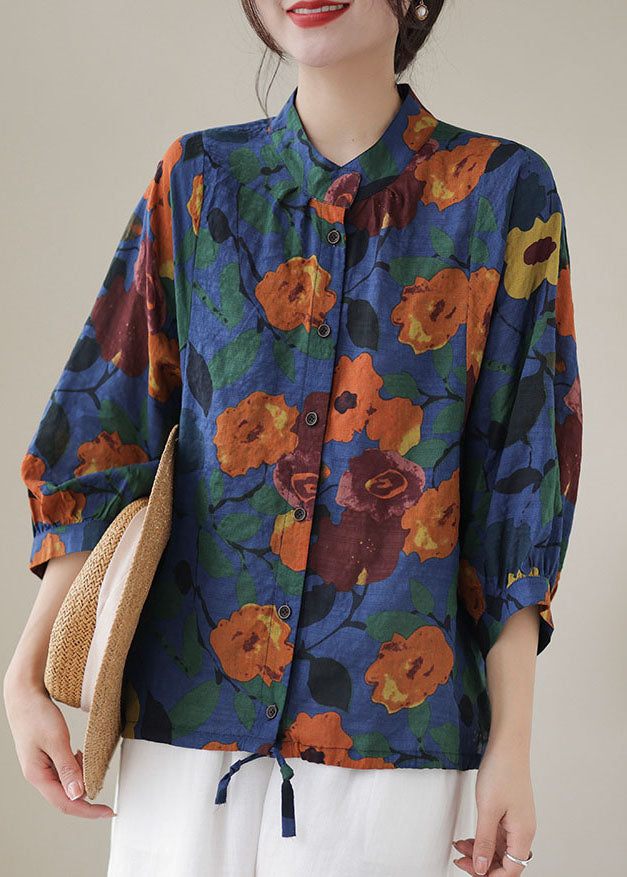 Blue Print Cotton Blouses Stand Collar Button Long Sleeve Ap051