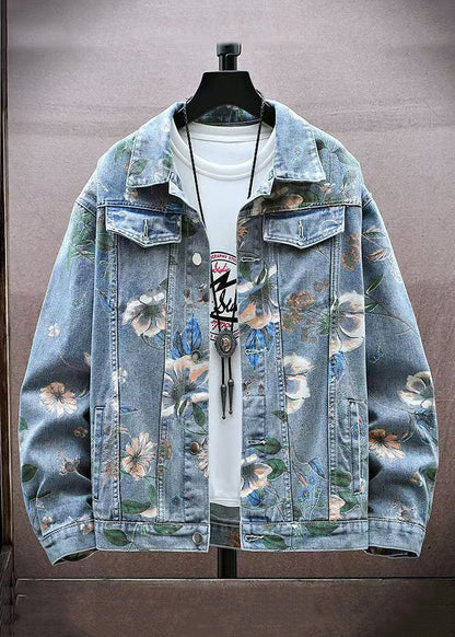 Blue Print Denim Coat Peter Pan Collar Fall Wa018