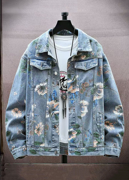 Blue Print Denim Coat Peter Pan Collar Fall Wa018