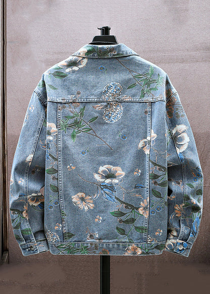 Blue Print Denim Coat Peter Pan Collar Fall Wa018