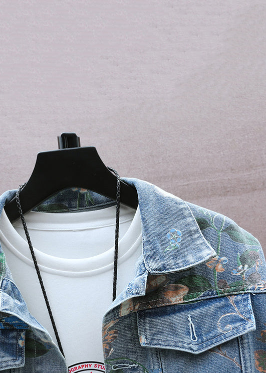 Blue Print Denim Coat Peter Pan Collar Fall Wa018