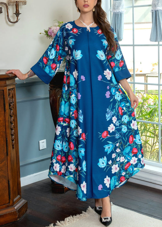 Blue Print Nail Bead Cotton Maxi Dresses O Neck Bracelet Sleeve Aa1019