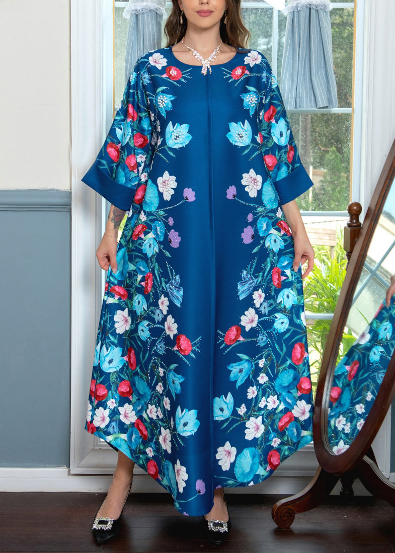 Blue Print Nail Bead Cotton Maxi Dresses O Neck Bracelet Sleeve Aa1019