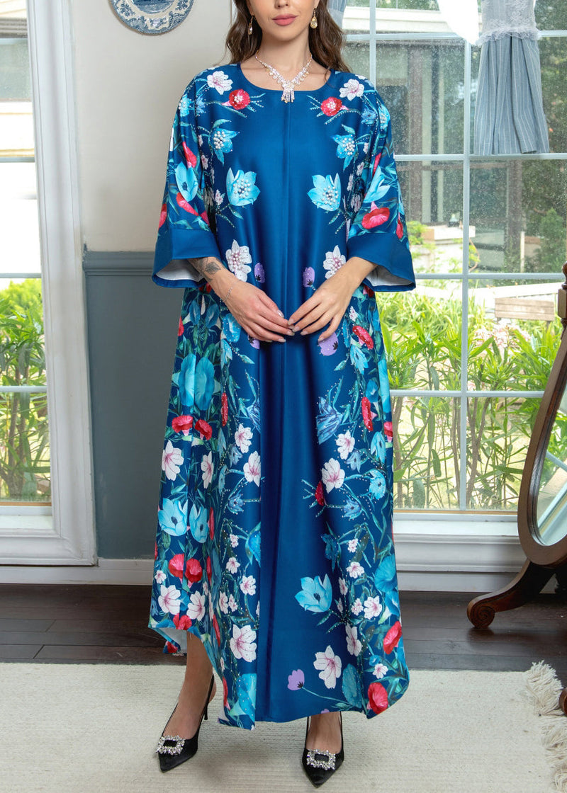 Blue Print Nail Bead Cotton Maxi Dresses O Neck Bracelet Sleeve Aa1019