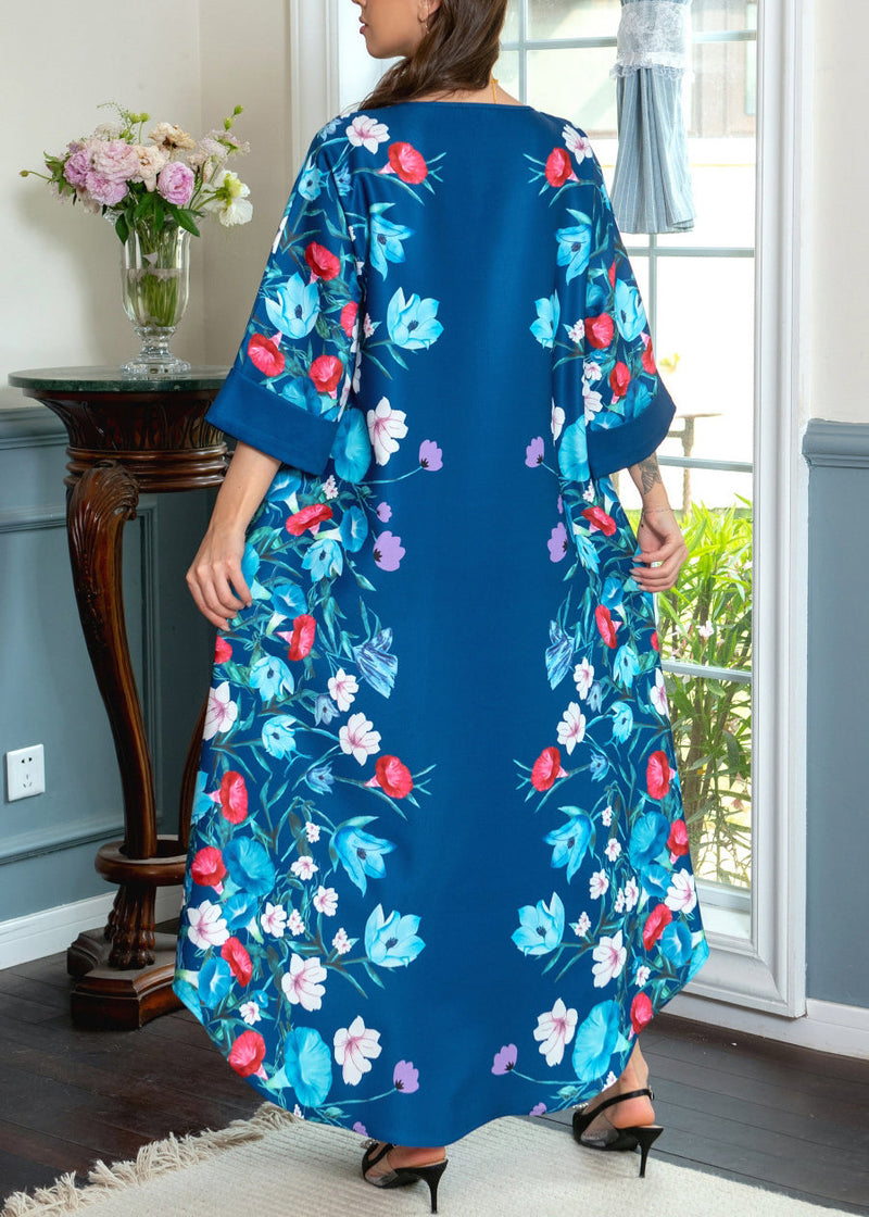 Blue Print Nail Bead Cotton Maxi Dresses O Neck Bracelet Sleeve Aa1019
