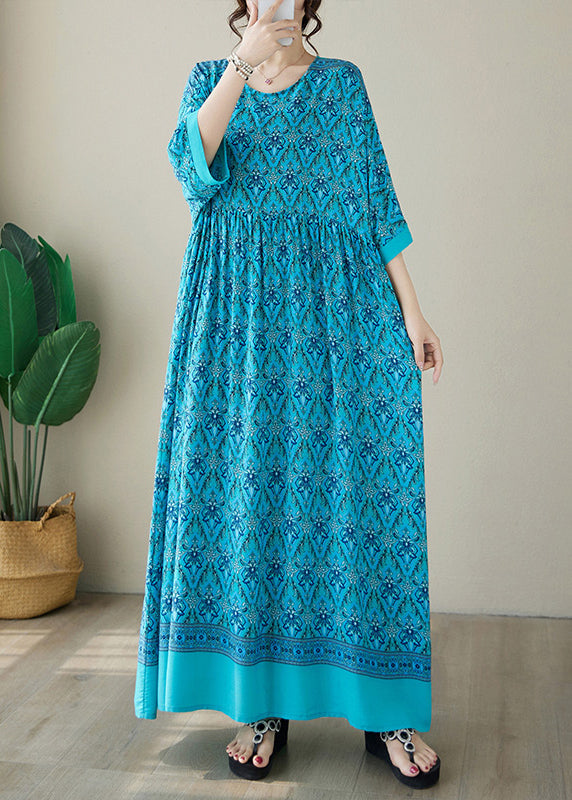 Blue Print Cotton Long Dress O Neck Summer Ap041