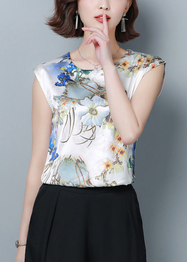 Blue Print Silk Blouse Top O-neck Slim Fit Short Sleeve Ly0413