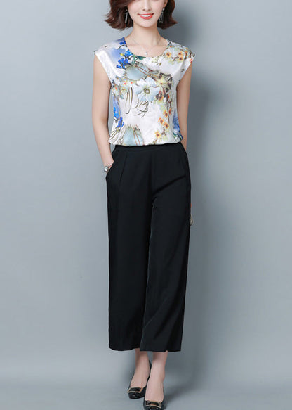 Blue Print Silk Blouse Top O-neck Slim Fit Short Sleeve Ly0413