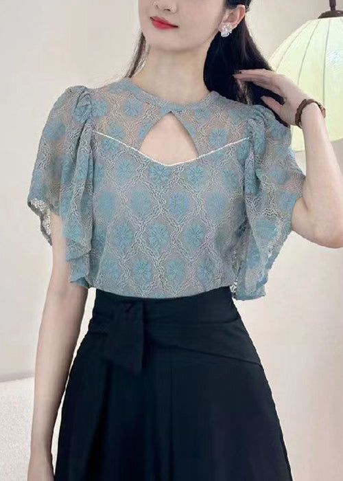 Blue Button Blouses O-neck Short Sleeve Op1017