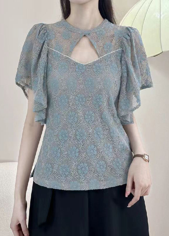 Blue Button Blouses O-neck Short Sleeve Op1017