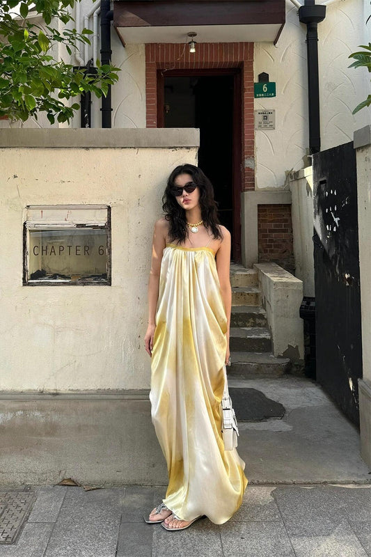 French Tie-dye Maxi Dress Ruched Slip Dress for Summer Beach Getaway