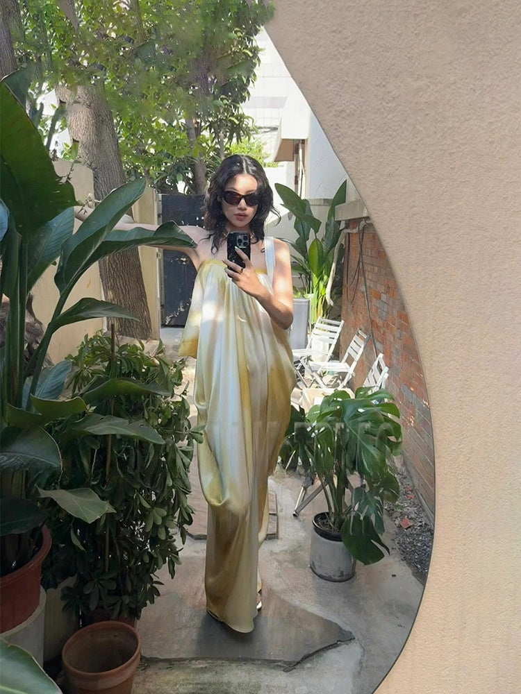 French Tie-dye Maxi Dress Ruched Slip Dress for Summer Beach Getaway