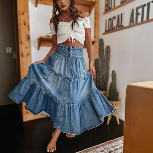 Tiered Denim Maxi Skirt