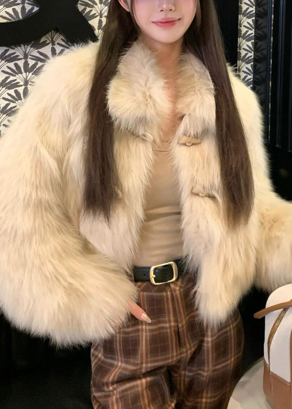 Apricot Patchwork Button Mink Hair Coat Winter Ty018