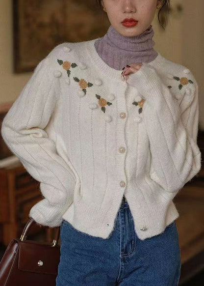 Beige Embroidered Button Patchwork Knit Coats Fall Tu047