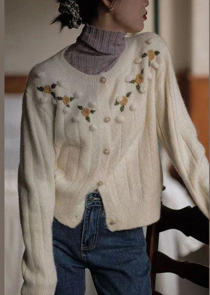 Beige Embroidered Button Patchwork Knit Coats Fall Tu047