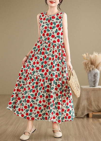 Beige O Neck Print Cotton Long Dresses Sleeveless Jh029