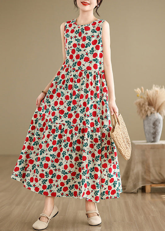Beige O Neck Print Cotton Long Dresses Sleeveless Jh029