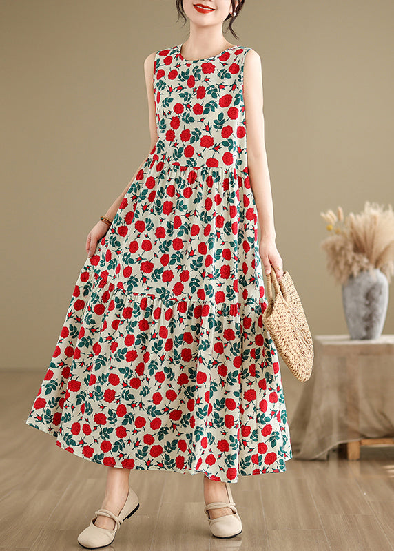 Beige O Neck Print Cotton Long Dresses Sleeveless Jh029