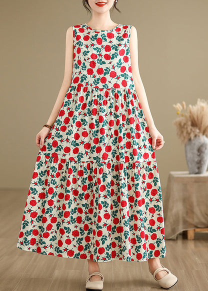 Beige O Neck Print Cotton Long Dresses Sleeveless Jh029