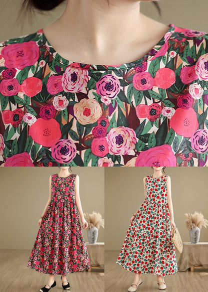 Beige O Neck Print Cotton Long Dresses Sleeveless Jh029