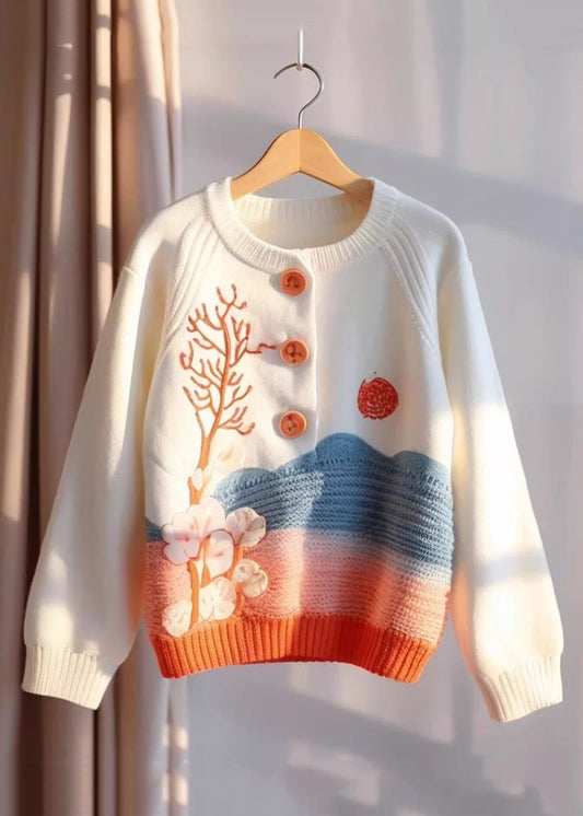 Beige Print Button Knit Sweaters Fall Qg009