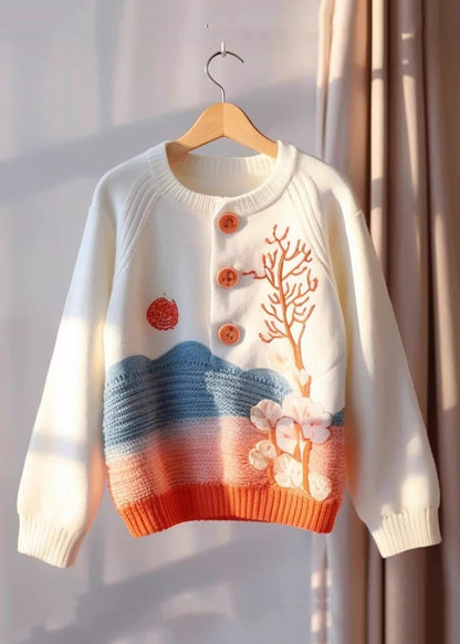 Beige Print Button Knit Sweaters Fall Qg009