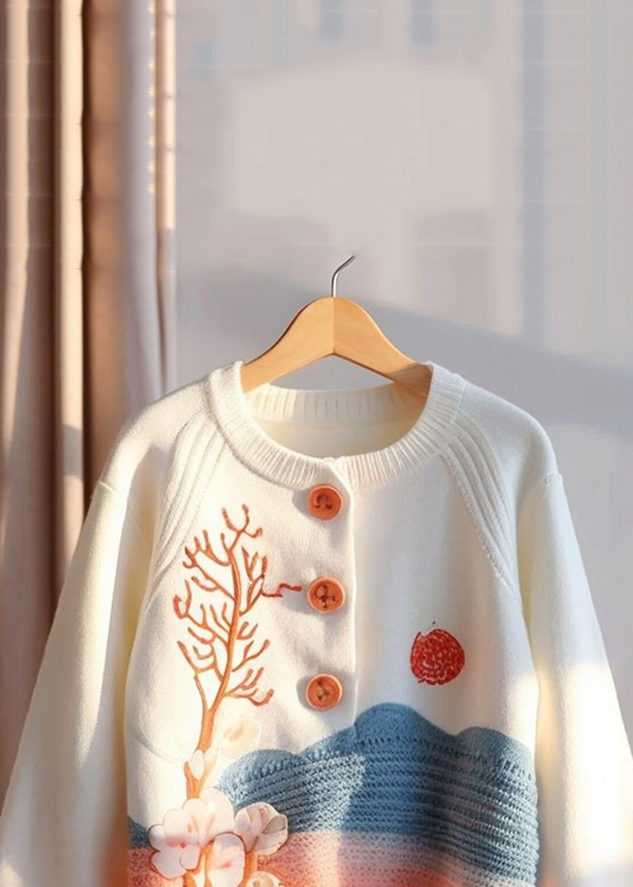 Beige Print Button Knit Sweaters Fall Qg009