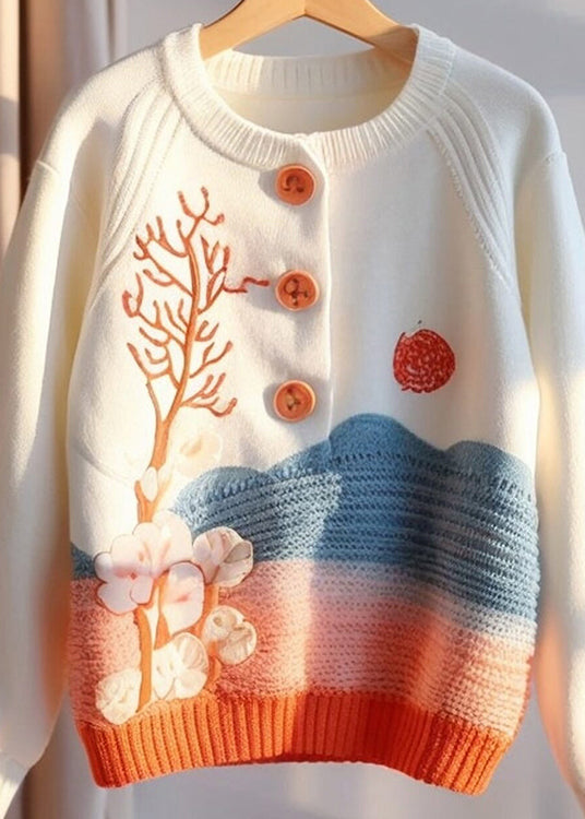 Beige Print Button Knit Sweaters Fall Qg009