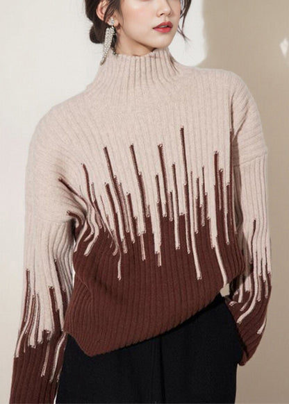 Beige Turtleneck Thick Knit Sweater Winter Wx004