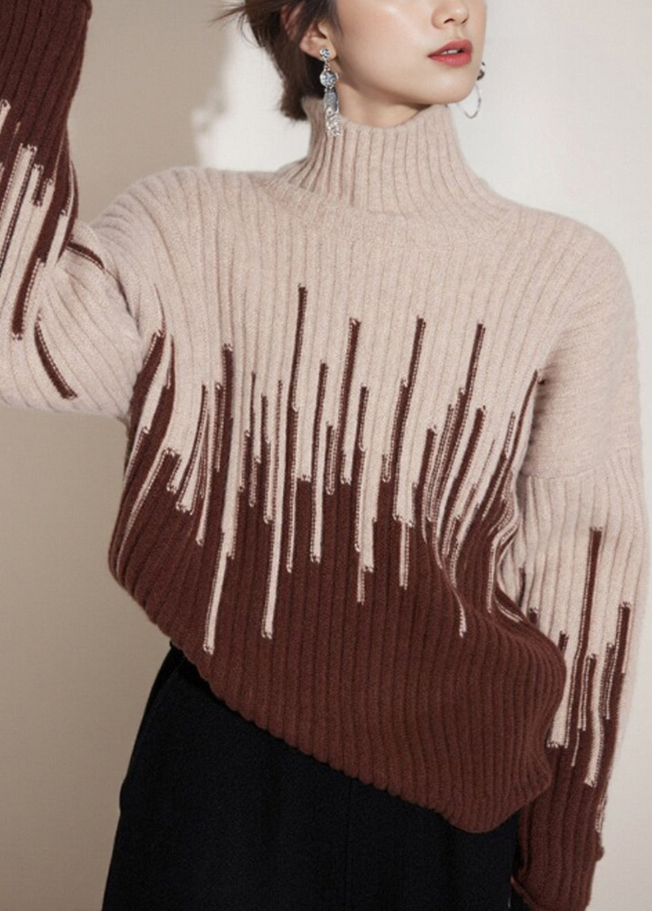 Beige Turtleneck Thick Knit Sweater Winter Wx004