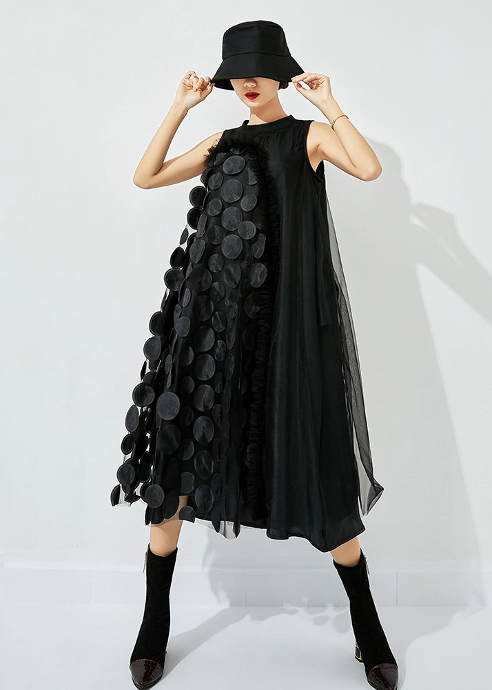 Light Green-black Dot Asymmetrical Patchwork Wrinkled Tulle Maxi Dress Sleeveless Ly0868