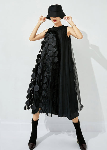 Black-blue Dot Asymmetrical Patchwork Wrinkled Tulle Maxi Dress Sleeveless Ly0871
